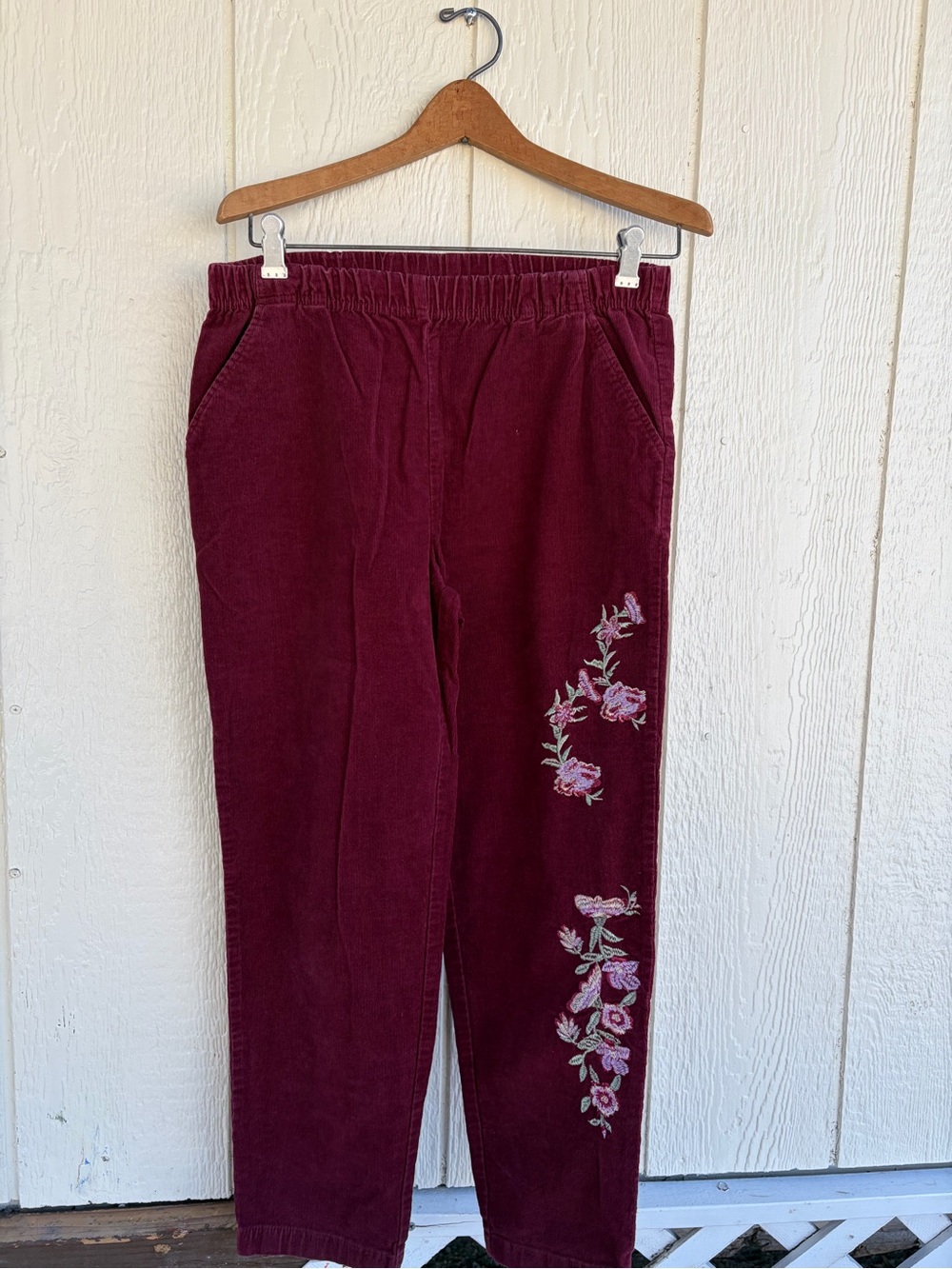 Women’s Burgundy Corduroy Pants with Floral Embroidery Size M
